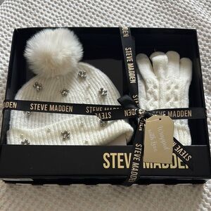 Steve Madden Cream Beanie and Glove Set with Embellishments